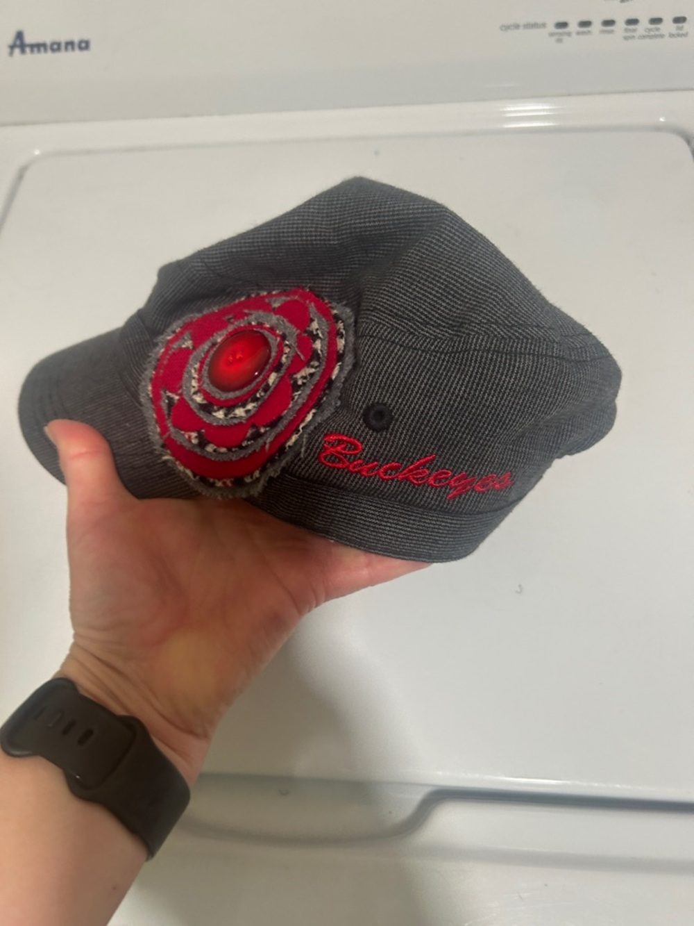 Gray Newsboy Cap with Red Embroidered 'Buckeyes' and Red Accent